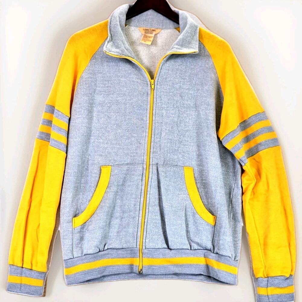 Logo 7, INC Vintage Men's Large Y2K Yellow Grey Long Sleeve Full Zip Coatigan